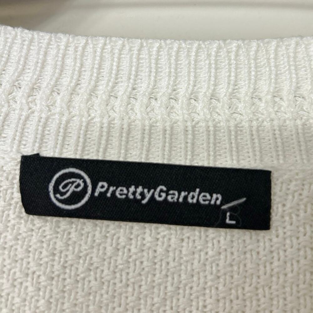 PRETTY GARDEN Ivory Minimalist Short Sleeve Cardigan Sweater L Quiet Luxury - Picture 7 of 11